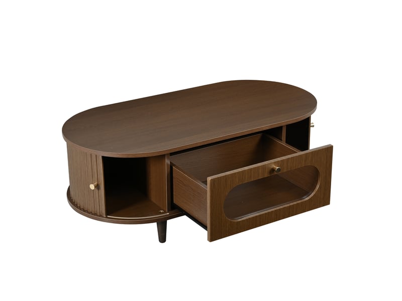 Table basse fixe avec tiroir, noyer, 100 x 50 x 36 cm, 1 tiroir, porte coulissante et 4 pieds - Conforama E