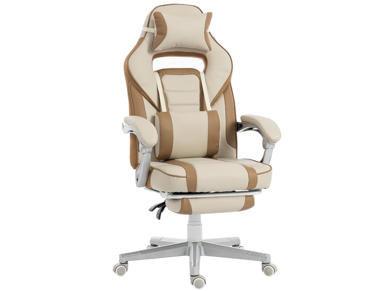 Fauteuil de jeu inclinable avec hauteur réglable, repose-pieds rétractable, soutien lombaire et appui-tête amovible - crème  - Conforama A