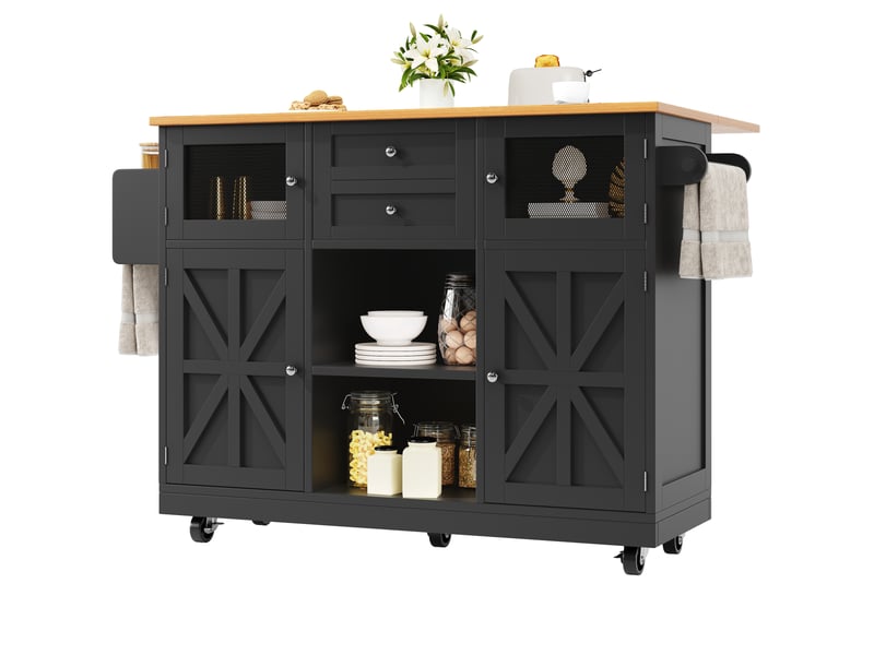  Îlot de cuisine noir avec plateau rabattable et roulettes, desserte sur roulettes avec tiroirs et porte-serviettes, 140x70x93.5 cm  - Conforama D