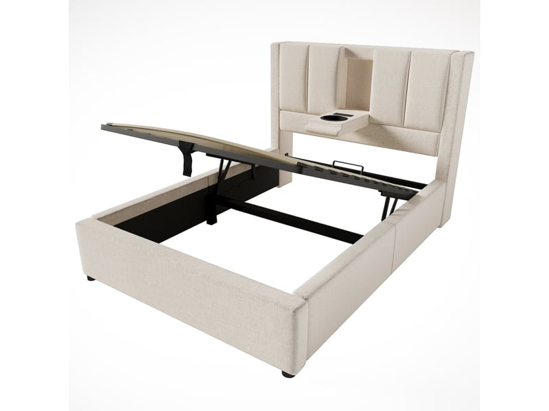  Lit coffre 90 × 200 en lin beige, porte-gobelet discret, usb et usb-c IKSETERA TRADING LTD - Conforama W