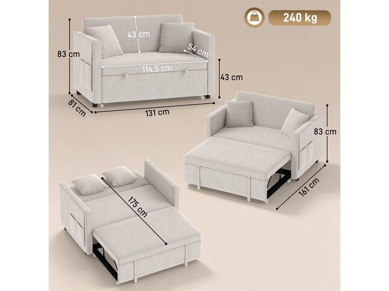 Canapé convertible inclinable réglable 2 places 2 coussins pochettes velours beige - Conforama C