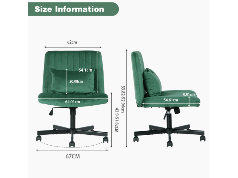  Chaise de bureau pivotante réglable en hauteur, dossier inclinable, roulettes silencieuses et coussin en tissu vert  - Conforama C
