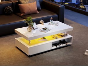 Table basse blanche laquée avec led bluetooth, 4 plateaux en verre et 2 tiroirs, 95x50x42,5 cm, bois, blanc