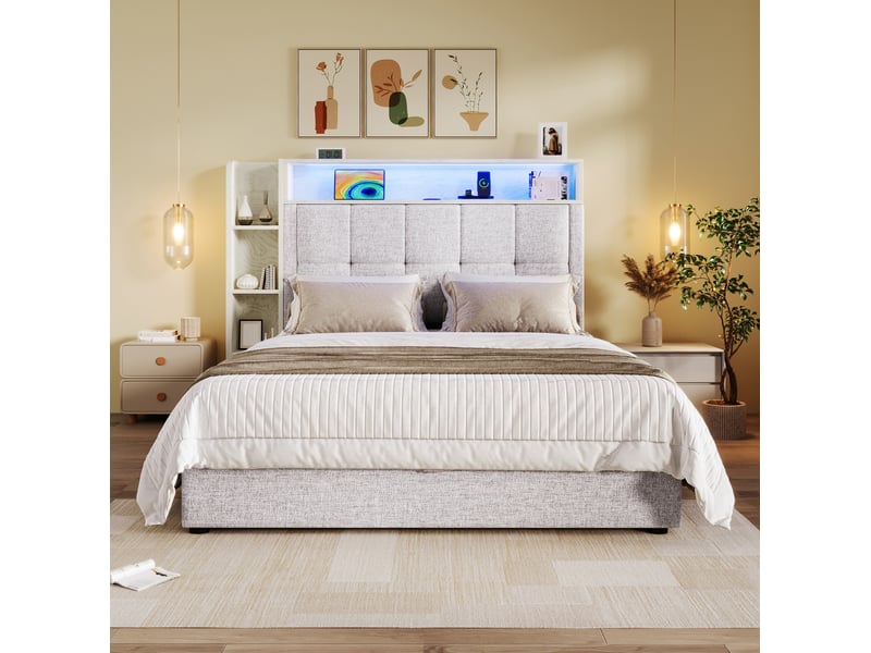  Lit coffre 90x200cm rangements ports usb-c intégrés, bande led, style minimaliste moderne, lin mdf, beige, sans matelas  - Conforama R