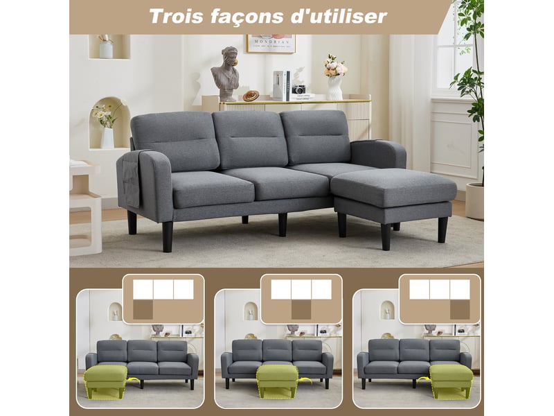 Canapé d’angle 3 places 204x136 cm – gris – méridienne droite, 6 compartiments de rangement - Conforama E