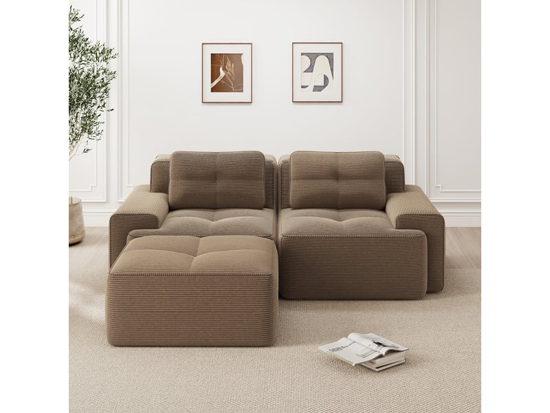  Canapé d'angle, canapé convertible – 2 places, assise profonde, marron, sans cadre, avec pouf, en velours tricoté  - Conforama R