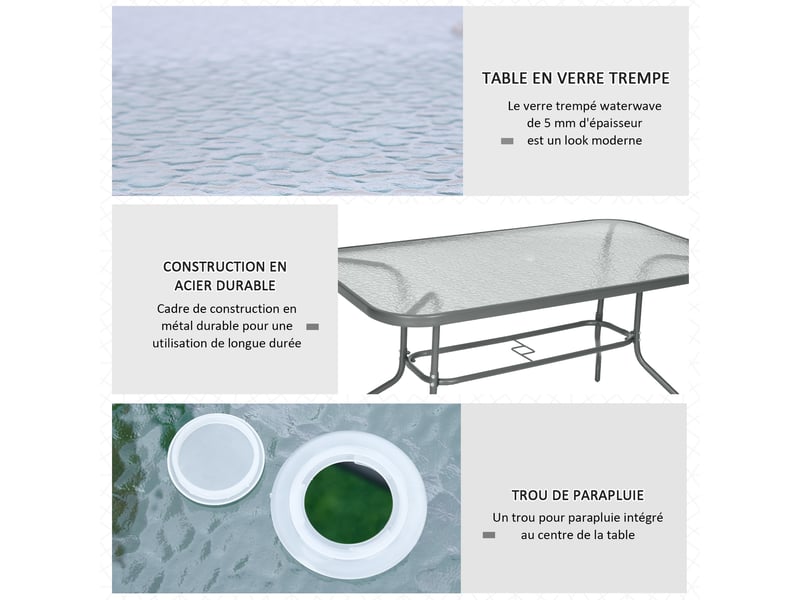Table de jardin rectangulaire métal époxy plateau verre trempé gris - Conforama D