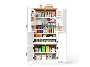 Armoire de cuisine blanche 180 cm, meuble de rangement avec capteur de mouvement, étagères réglables et tiroirs, mdf