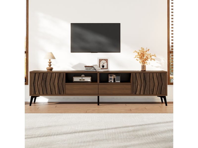 Meuble tv 180 cm noyer, 2 portes relief géométrique, 2 tiroirs, pour tv 75 pouces - Conforama C