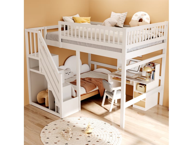  Lit enfant 140x200 cm avec escalier de rangement et garde-corps haut, gain de place, cadre en bois, blanc, sans matelas  - Conforama D