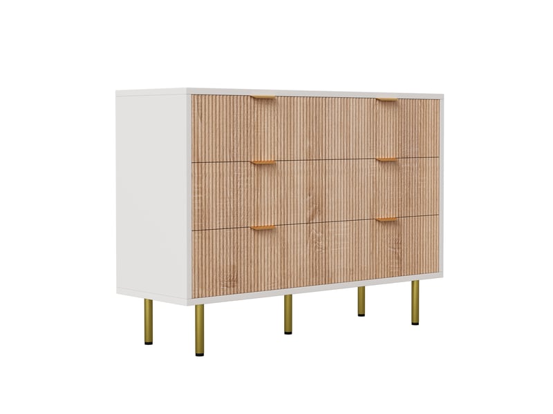Commode 6 tiroirs, commode chambre 100 cm, design strié bois et blanc, pieds dorés, meuble de rangement, pour chambre, salon, chêne clair - Conforama A