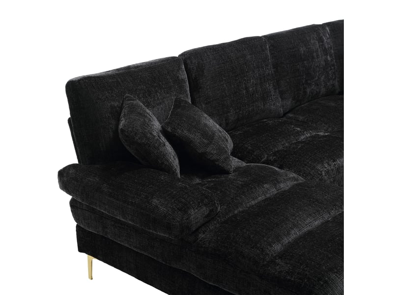 Canapé en u en chenille noir 272x136x88 cm avec deux méridiennes et pieds métal dorés - Conforama W