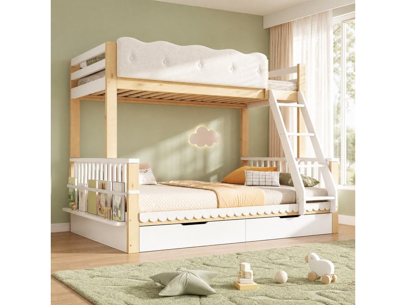  Lit superposé 90x200+140x200 cm 2 tiroirs et porte revues en bois blanc et chêne  - Conforama B