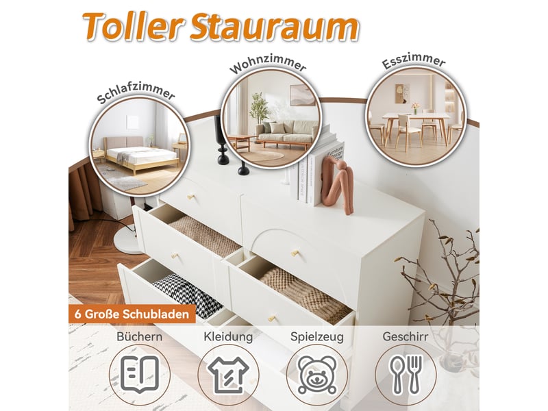  Commode blanc, 120 × 40 × 82 cm, panneau de particules, avec 6 tiroirs, dispositif anti-basculement, pour chambre et séjour  - Conforama C