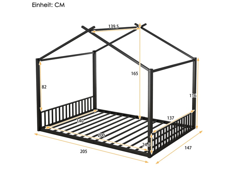  Lit enfant 140x200 cm en forme de maison, structure stable en métal noir, design simple sans matelas  - Conforama C