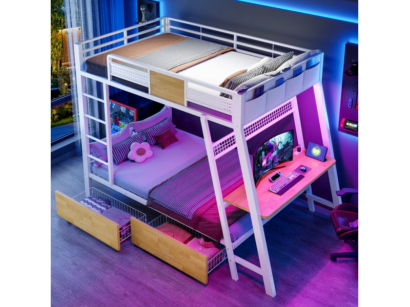  Lit superposé modenvie 90 x 200 cm avec bureau intégré, prises, ports usb et type-c, bande led, métal, blanc  - Conforama B