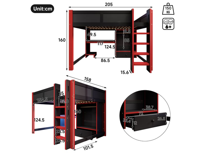 Lit mezzanine 140x200 cm noir et rouge avec bureau, rangement et éclairage led - Conforama C