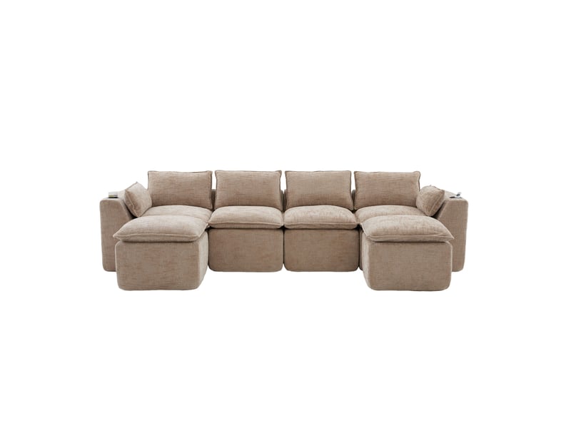  Canapé modulable modenvie 4 places avec 2 poufs, coussins, porte-gobelets et poches latérales, chenille kaki, 322 x 161 x 75 cm  - Conforama A