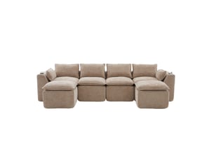 Canapé modulable modenvie 4 places avec 2 poufs, coussins, porte-gobelets et poches latérales, chenille kaki, 322 x 161 x 75 cm