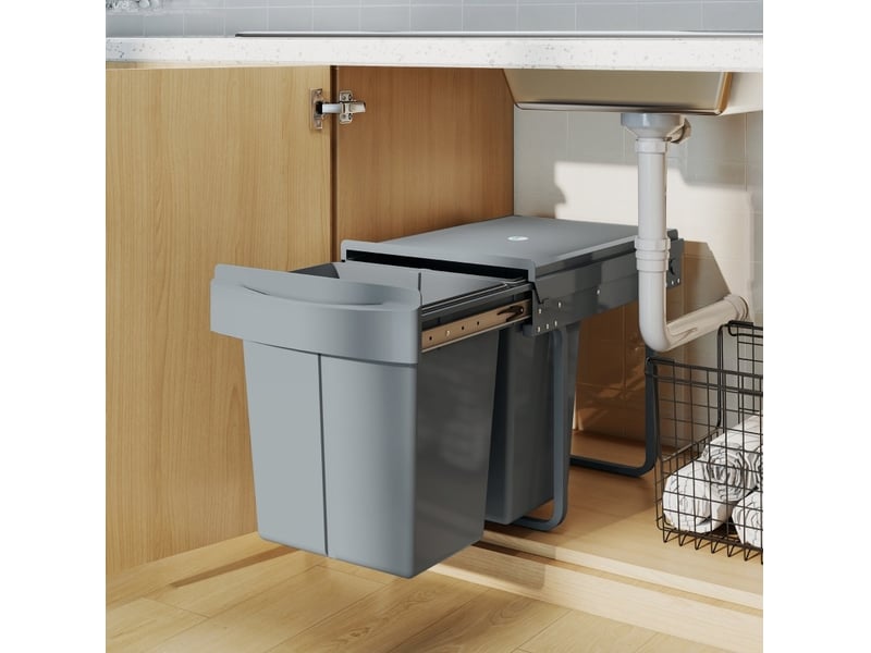  Poubelle coulissante encastrable 40 l avec 2 bacs amovibles gris  - Conforama D