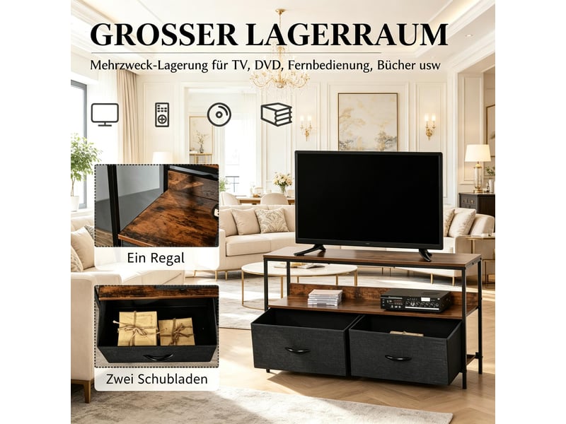  Meuble tv avec tiroirs pliables, design élégant, rangement ouvert, blanc, salon  - Conforama E