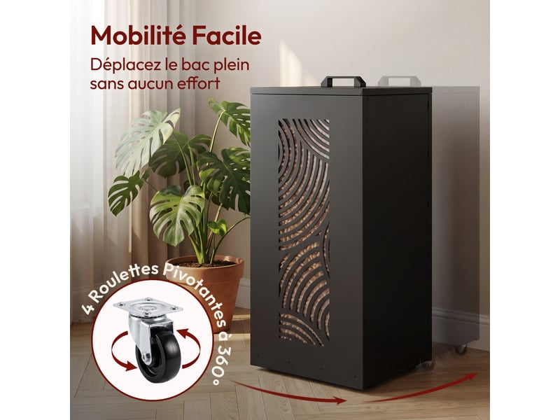  Casabel réservoir pellets &amp; granulés avec roulettes, cap. 45kg, métal noir, niveau visible, motif zen  - Conforama E