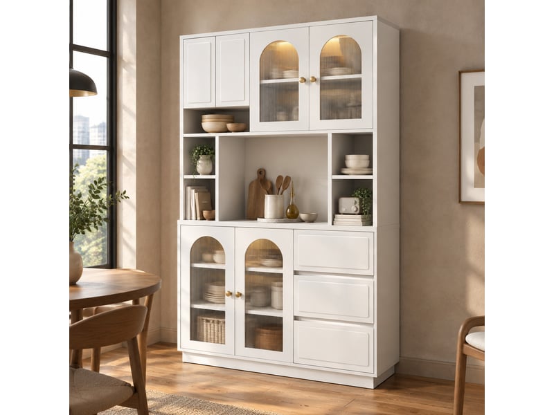 Buffet haut avec led contrôlée par application - lpospi - portes cintrées en acrylique, mdf blanc 106 × 30 × 175 cm - Conforama B