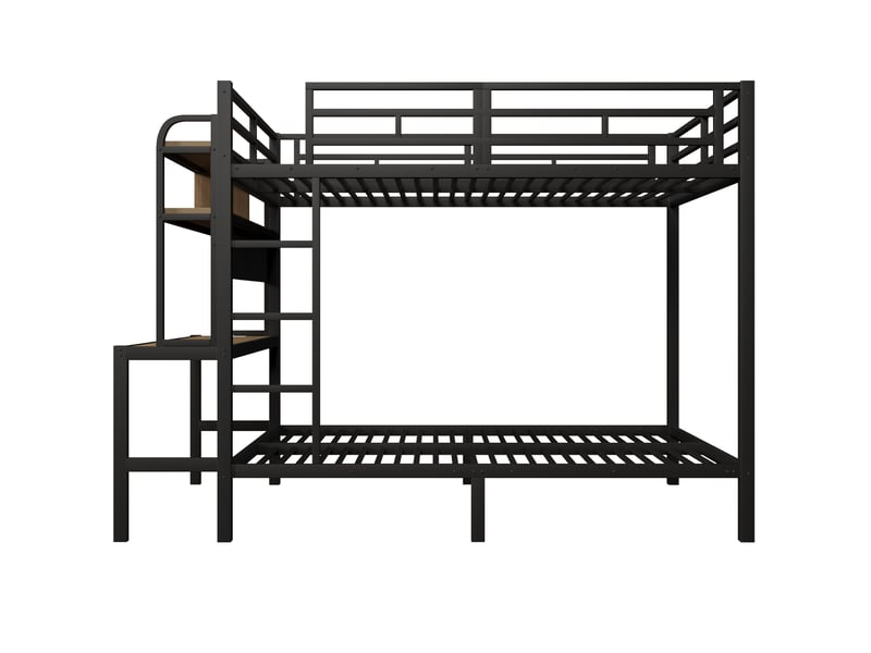  Lit superposé, 140 × 200 cm, noir, métal, bureau, led, usb, étagères, barrières, échelle, sans matelas, led pilotable par appli  - Conforama A