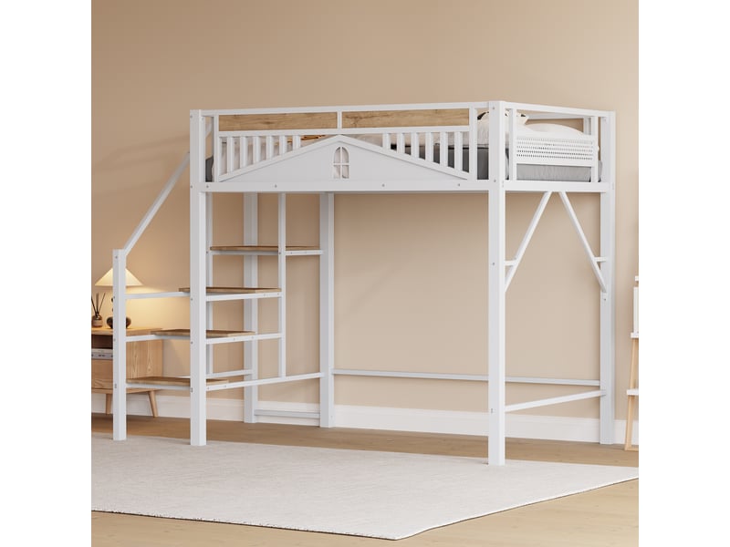  Lit mezzanine 200×140 cm avec espace sous le lit, échelle latérale et garde-corps à motif fenêtre, en métal et bois blanc  - Conforama B