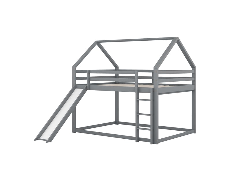  Lit mezzanine 140x200 cm forme maison avec toboggan et escalier, pin, gris, sans matelas  - Conforama D