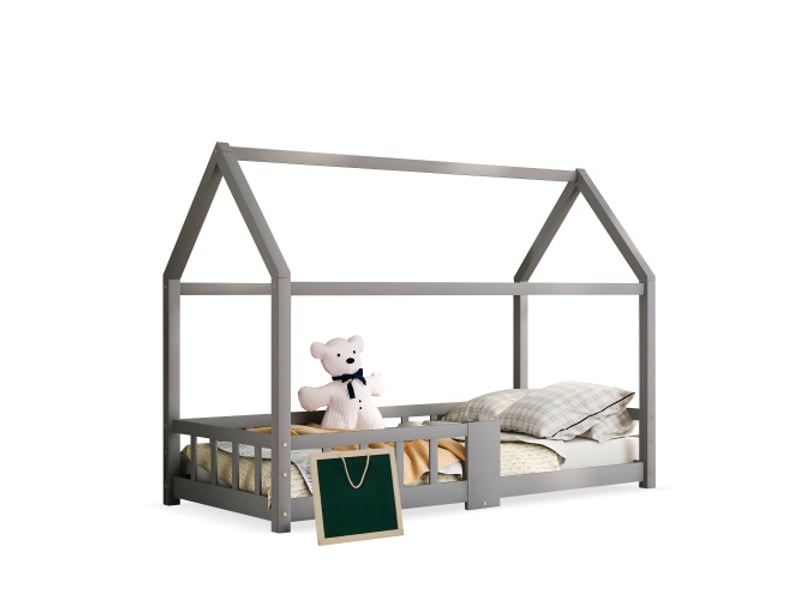 Lit cabane 90x200 cm, avec tête de lit et tableau, avec lattes, en bois, gris, sans matelas - Conforama A