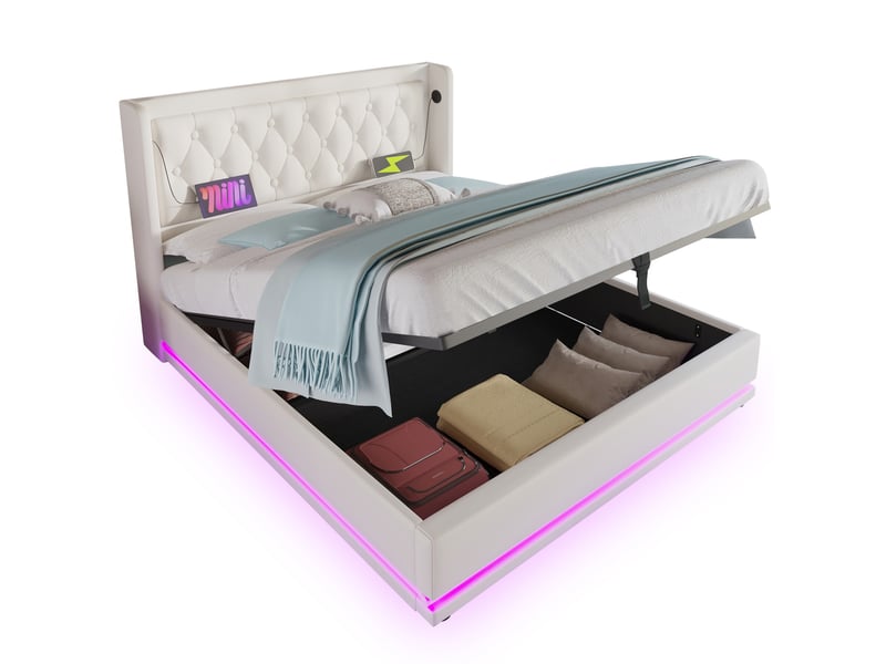  Lit coffre 180x200 cm, rangement hydraulique, led 3 côtés, usb et usb-c, tête de lit capitonnée à oreilles, simili cuir pu - blanc  - Conforama A