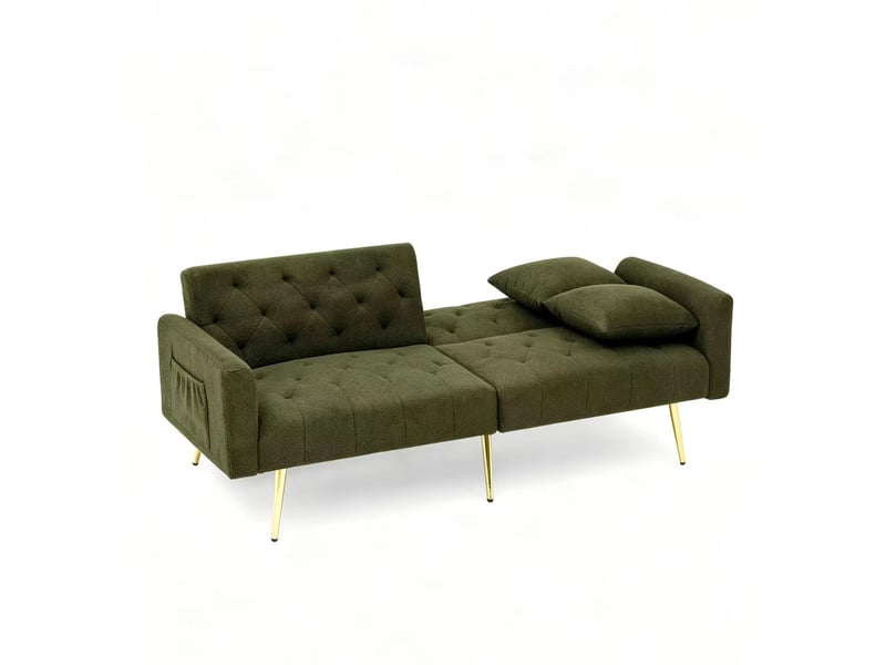 Canapé 2 places moderne en bouclé teddy vert avec dossier réglable 3 positions et 2 coussins - Conforama D