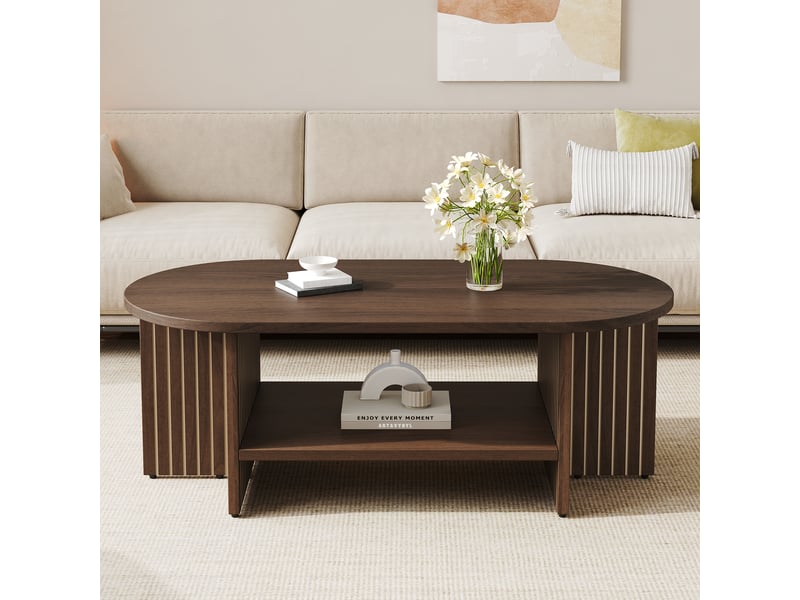  Table basse ovale 100x49x35 cm avec étagère basse, côtés rainurés, bords arrondis, plateau mdf effet noyer, rangement ouvert pour salon  - Conforama C