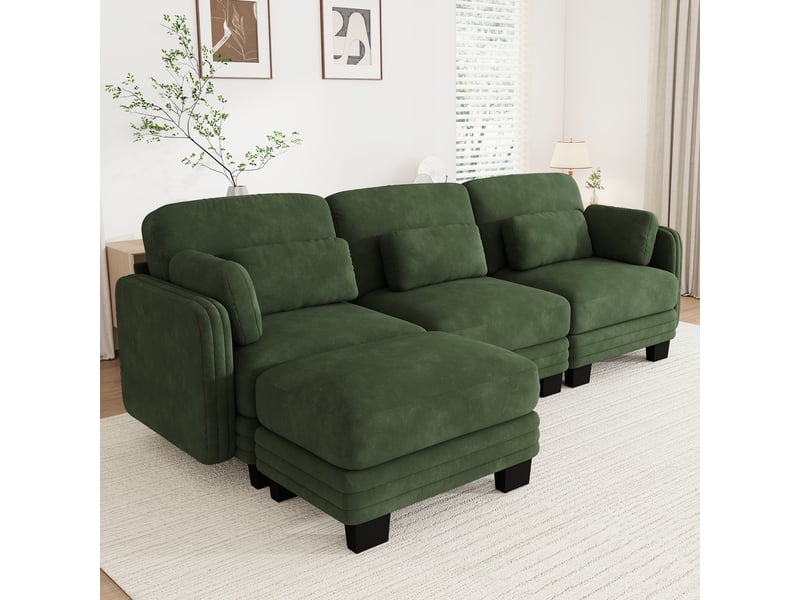 Canapé d'angle modulable - 3 places - forme l - 1 ottoman - coussins d'accoudoirs - assise profonde - tissu chenille - vert CozyNest - Conforama B
