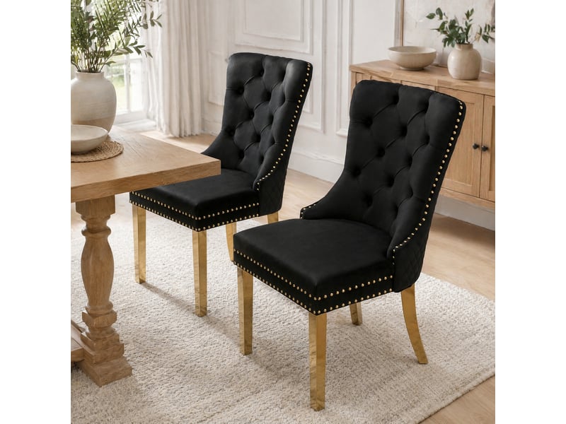  Lot de 2 chaises de salle à manger,50,5x45x95 cm,velours et métal doré,noir  - Conforama B