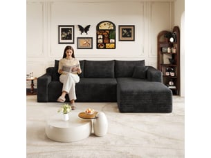 Canapé d'angle compressé 241x151x58 cm, assise profonde, velours côtelé, sans montage, mousse haute élasticité pour salon - noir