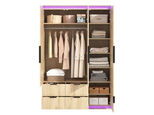 Armoire 3 portes avec miroir, éclairage led, 4 tiroirs et 8 niches pour chambre, mdf chêne, 135 × 47 × 200 cm