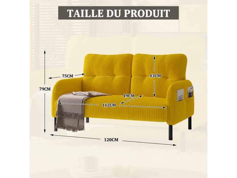  Canapé deux places en velours côtelé avec poches latérales et pieds en métal, jaune  - Conforama E