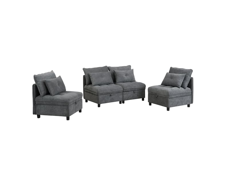 Canapé modulaire 4 places convertible avec coffres et 8 coussins, en chenille gris antique, 274 × 76 × 87 cm - Conforama A
