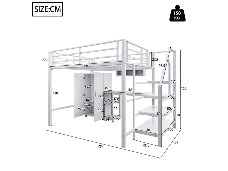  Lit mezzanine enfant 140 x 200 cm avec bureau, armoire et rangements blanc  - Conforama C