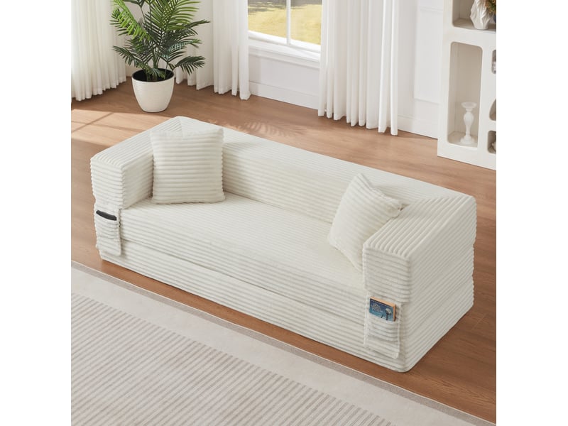  Canapé convertible 3 places 200x76x60 cm, style carré, velours côtelé, blanc  - Conforama B