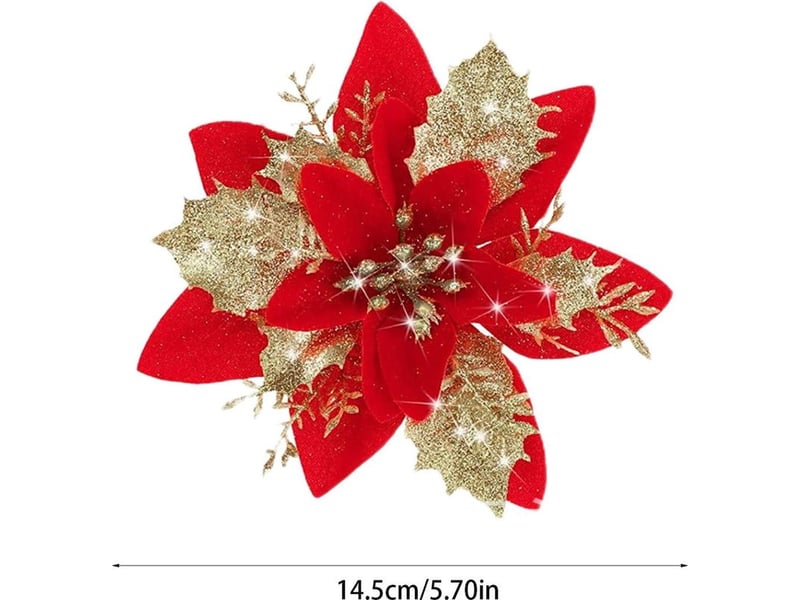  Poinsettias - fleurs artificielles noël - décor festif porte arbre table - 12 pièces - rouge - 14,5 x 14,5 cm - plastique  - Conforama C