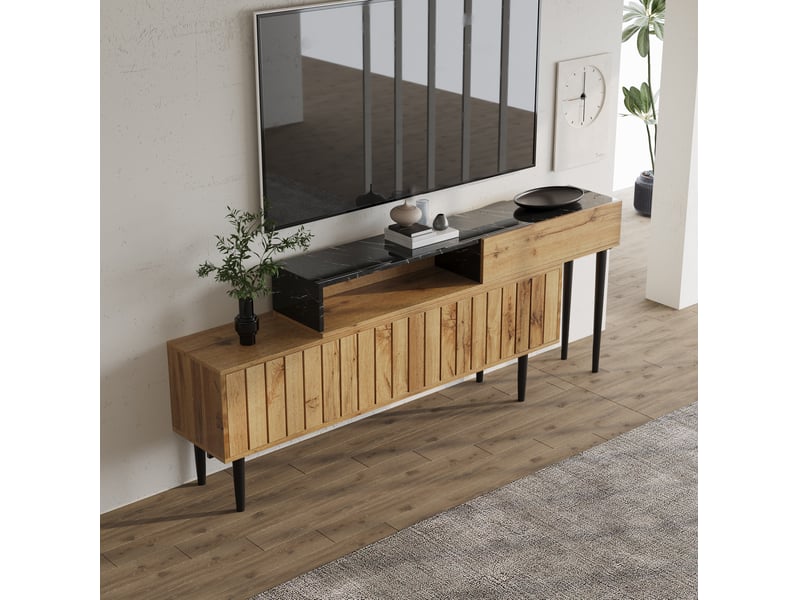  Meuble tv extensible modenvie 129 à 200 x 30 x 58 cm effet bois foncé et marbre noir  - Conforama B