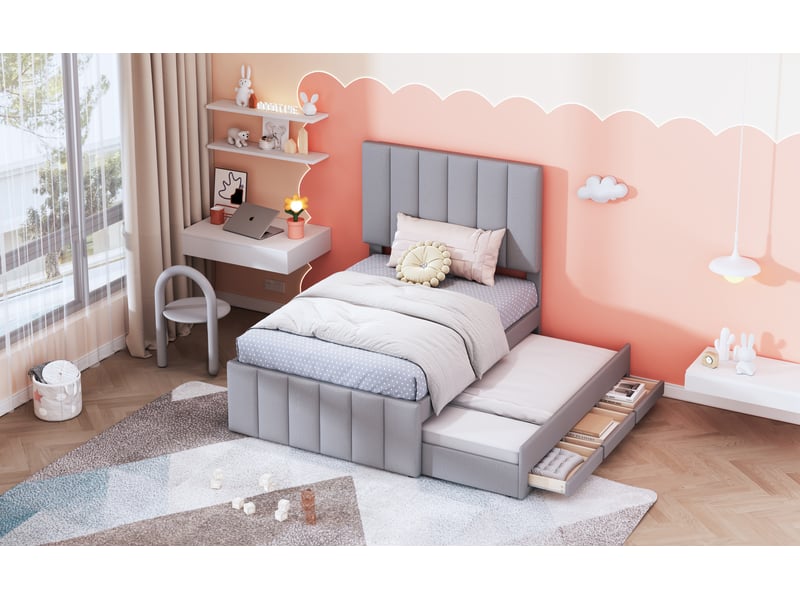  Lit gigogne 90 × 200 cm en tissu aspect lin - gris C-CRAFTLINK - Conforama E