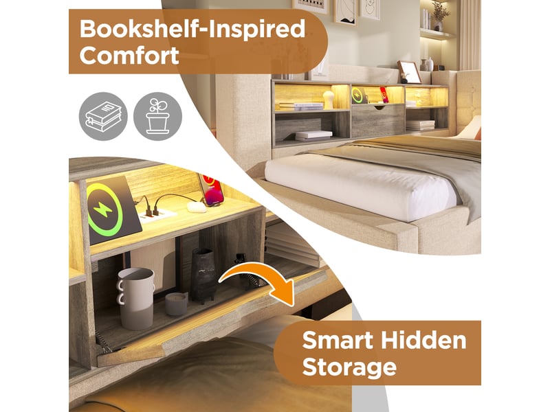  Lit banquette 90x200 cm, lit gigogne 90x190 cm en lin beige, lit capitonné avec éclairage led &amp; ports usb pour chambre d'amis et enfants  - Conforama D