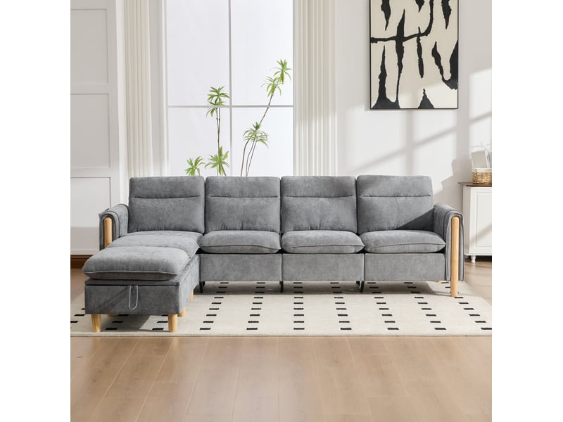 Canapé modulable modenvie 4 places avec deux poufs de rangement en chenille gris clair 261 x 77 x 86 cm - Conforama E