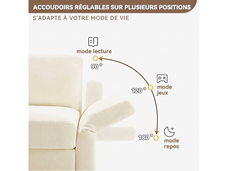 Canapé d'angle en chenille beige convertible 3 à 4 places 218 x 156,5 cm avec pouf mobile - Conforama R