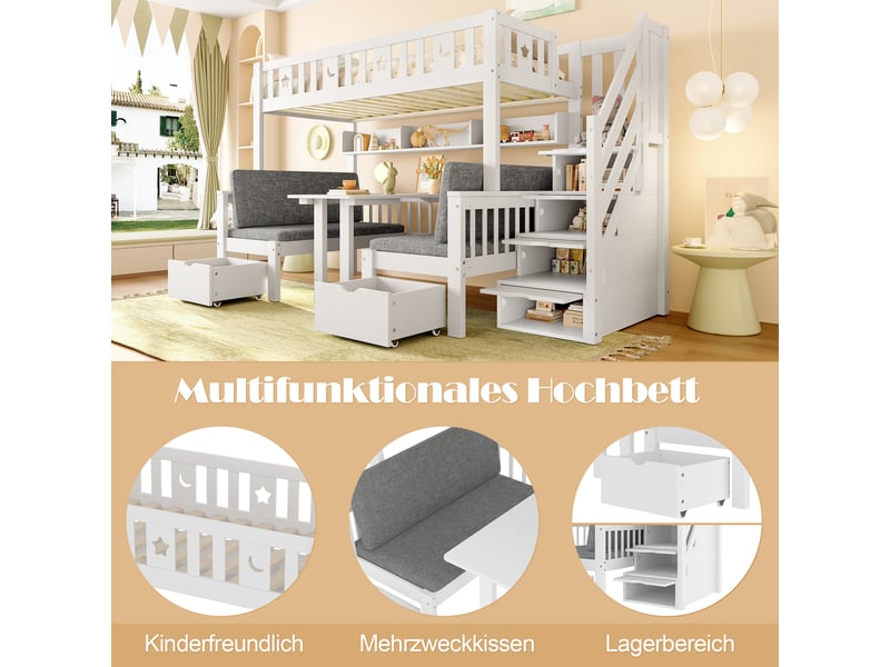  Lit mezzanine blanc 90×200 cm en pin, avec bureau convertible, escalier de rangement, décor étoiles et lune  - Conforama D