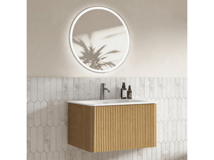 Meuble sous vasque suspendu 60 cm avec miroir led antibuée - vasque intégrée en résine minérale chêne